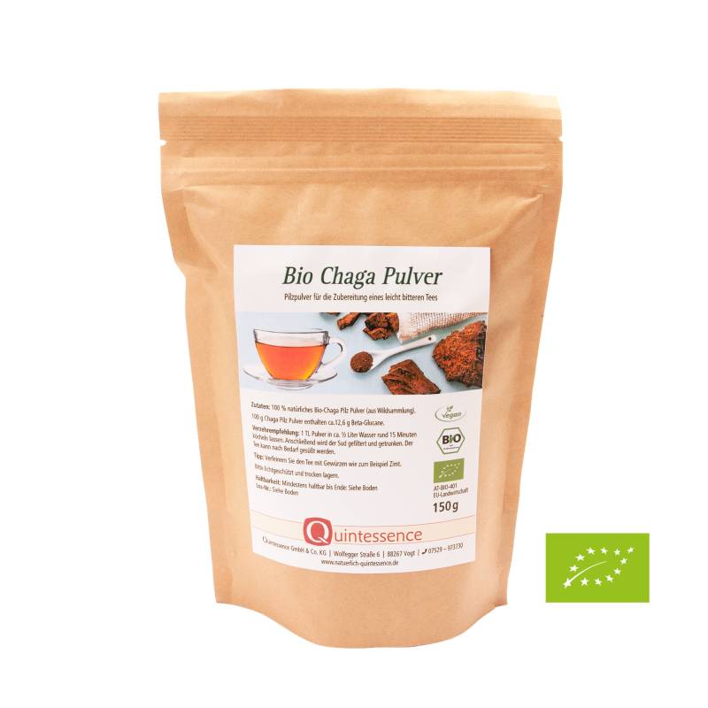 Chaga Pulver 150 g in Bioqualität - Fein vermahlener Chaga-Pilz aus Wildsammlung - Vegan - Quintessence von Quintessence