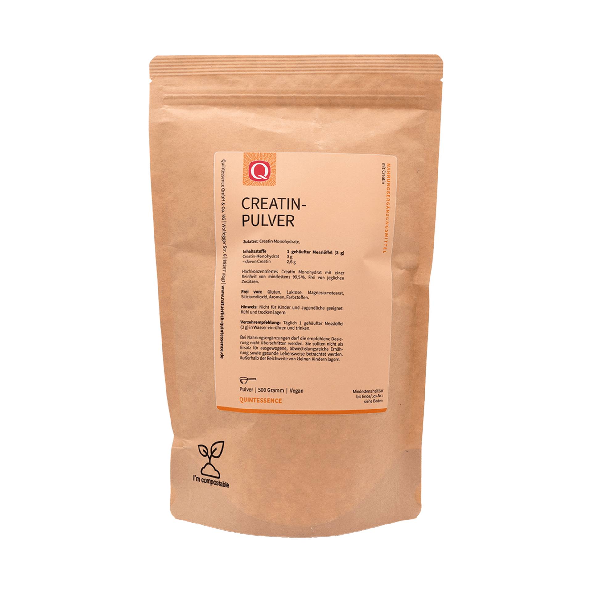 Creatin Pulver 500 g - Creatinmonohydrat mit einer Reinheit von mehr als 99,5% - vegan - Quintessence von Quintessence