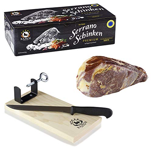 RAMOS Premium Serrano-Schinken | 1kg im Geschenkkarton | Schinkenbrett und -messer gratis | Oro reserva von RAMOS