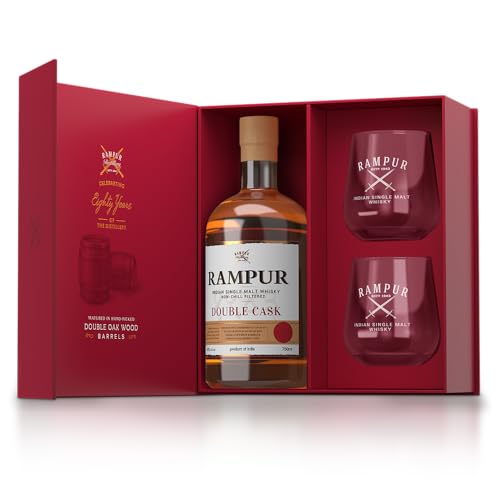 Rampur Double Cask Indian Single Malt Whisky| 1 x 700 ml - Geschenkbox | Mit zwei gebrandeten Gläsern in der Box enthalten von RAMPUR