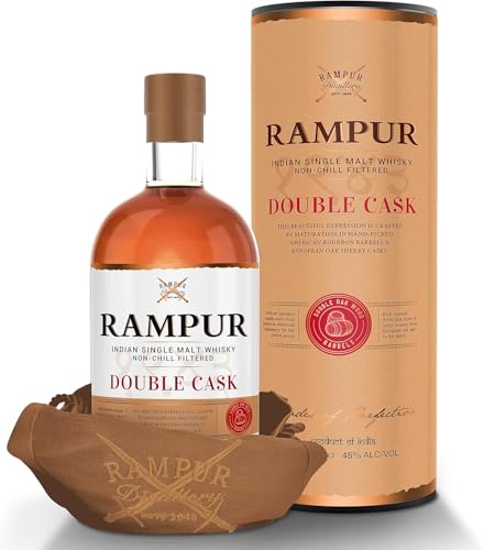 Rampur Double Cask Malt Whisky - 45% Alkoholgehalt - Whisky Einzelflasche 70cl | Premium Indischer Non-Chill Filtered Cask Strength Whisky | Sanfter Blended Double Cask Strength Single Malt Whisky von RAMPUR