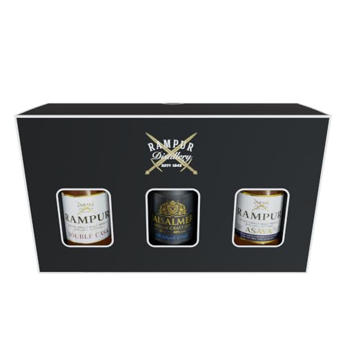 Rampur Miniatur-Geschenkset mit Double Cask Whisky/Jaisalmer Gin/Asava Whisky (50 ml x 3) | Mini-Set mit 3 Fläschchen von RAMPUR