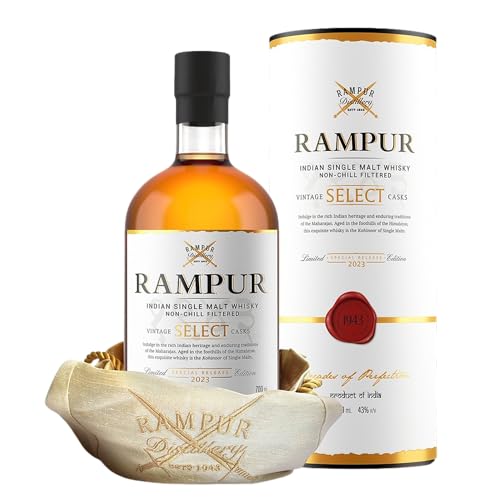 Rampur Vintage Select 2023 Edition Cask Malt Whisky - 43% Alkoholgehalt - Whisky Einzelflasche 70cl | Premium Indischer Non-Chill Filtered Cask Strength Whisky | Sanfter Select Cask Single Malt Whisky von RAMPUR