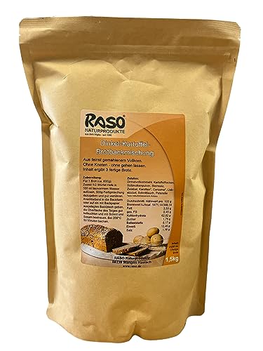 Brot backen ohne gehen lassen, ohne Kneten - Brot selber backen mit fertiger Dinkel Kartoffel Brotbackmischung 1,5Kg - ergibt 3 fertige Brote - 100% natürlich - Basisch von RASO Naturprodukte