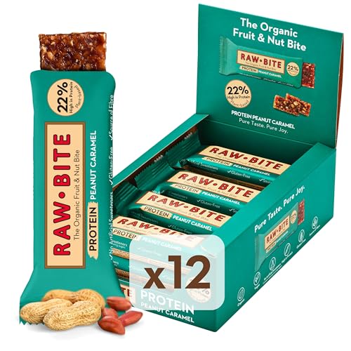 RAWBITE PROTEIN Riegel mit 22g Eiweiß I 12 Bio Proteinriegel in der Box I Reisprotein, Datteln, Erdnüsse, Salz & Karamelaroma I Vegan, glutenfrei, laktosefrei I enthält von Natur aus Zucker I 12 x 45g von RAWBITE