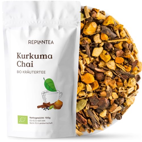 Kurkuma Chai Tee BIO 100g (50 Tassen) | Ayurvedischer Tee mit Kurkuma, Ingwer, Süßholz, Zimt, Apfel und Kakao REPLANTEA von REPLANTEA Cuidamos tu Naturaleza