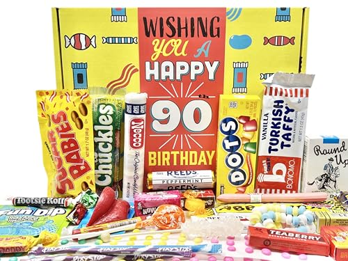 RETRO CANDY YUM 90. Geburtstag Geschenke für Frauen & Männer - Klassische Süßigkeiten für 90 Jahre alten Mann & Frau - Nostalgische Süßigkeitenkorb Box für Meilenstein Geburtstag Mutter, Vater, von RETRO CANDY YUM