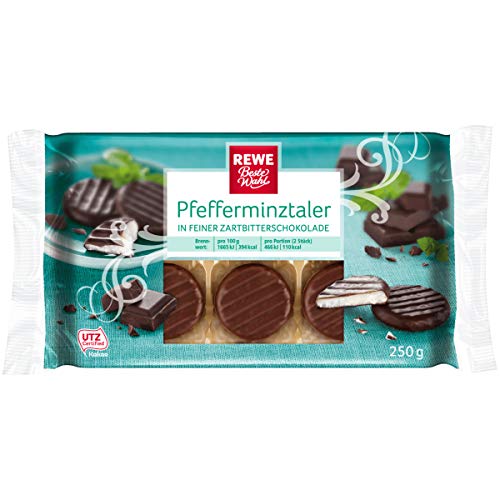 REWE Pfefferminztaler (Vegane Schokolade laktosefrei mit Pfefferminz) 250g von REWE Beste Wahl