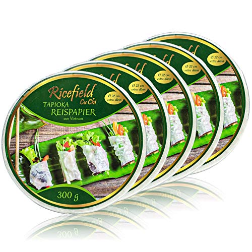 Ricefield - 5er Pack Tapioka Reispapier aus Vietnam für asiatische Sommerrollen und Frühlingsrollen in 300 g Packung - Premium Rice Paper 22 cm Durchmesser (extra dünn) von RICEFIELD