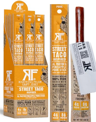 Righteous Felon Jerky Fleischstäbchen, glutenfrei, gesunde Snacks für Erwachsene und Kinder, proteinreich, kohlenhydratarm, Keto, zuckerarm, einzeln verpackt, Geschenke für Männer (Street Taco, 24 von RIGHTEOUS FELON