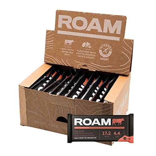 ROAM Natürliche Protein-Riegel, Mahlzeit-Ersatz Keto-Riegel, 12 x 45g Rindfleisch-Riegel & gesunde Snacks, Ideal für Fleischfresser-Diät (12 x 45g Bars, Geräuchert Paprika, Mandeln und Cranberry) von ROAM