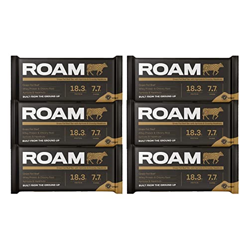 ROAM Natürliche Protein-Riegel, Mahlzeit-Ersatz Keto-Riegel, 6 x 45g Rindfleisch-Riegel & gesunde Snacks, Ideal für Fleischfresser-Diät (6 x 45g Bars, Aprikosen und Haselnüssen) von ROAM