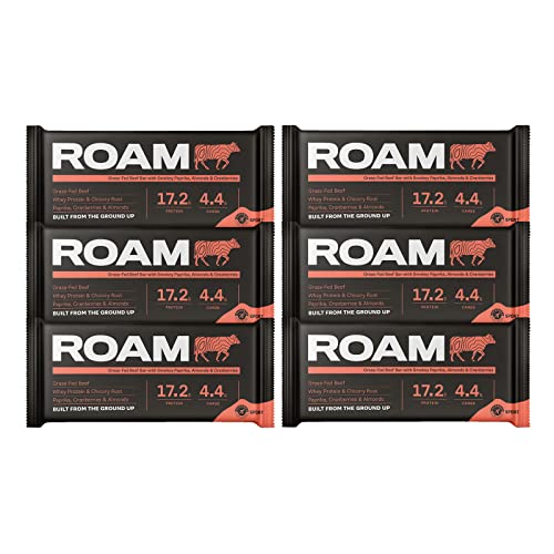 ROAM Natürliche Protein-Riegel, Mahlzeit-Ersatz Keto-Riegel, 6 x 45g Rindfleisch-Riegel & gesunde Snacks, Ideal für Fleischfresser-Diät (6 x 45g Bars, Geräuchert Paprika, Mandeln und Cranberry) von ROAM