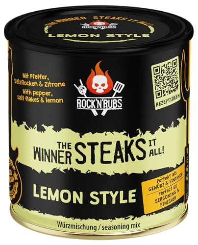 ROCK'N'RUBS Grillgewürz The Winner steaks it all - Lemon Style - BBQ Rub zum Grillen mit Crunchy Salzflocken, Telicherry Pfeffer & Zitrone - 140 g von ROCK`N RUBS