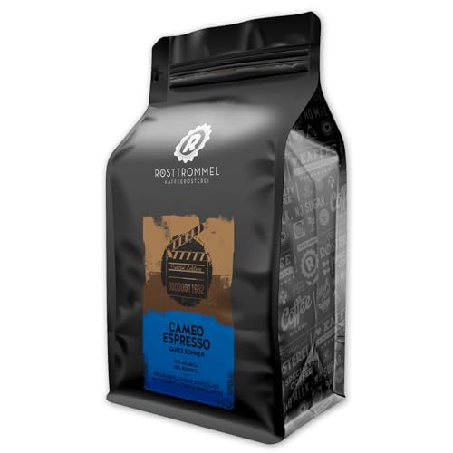 RÖSTTROMMEL Cameo, ESPRESSO, Ganze Kaffee-Bohnen 1kg, 50% Arabica, 50% Canephora, Röstung 8/10, 50% Brasilien, 50% Indien, Geschmack: Italienisch - Zartbitter - Schokolade, nachhaltiger Spitzenkaffee von ROESTTROMMEL KAFFEERÖSTEREI