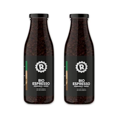 RÖSTTROMMEL Milchflasche, BIO-ESPRESSO, Ganze Kaffee-Bohnen 2x365g, 50% Arabica, 50% Canephora, Röstung 8/10, 50% Peru, 50% Indien, Geschmack: cremig - stark - Schokolade, nachhaltiger Spitzenkaffee von ROESTTROMMEL KAFFEERÖSTEREI