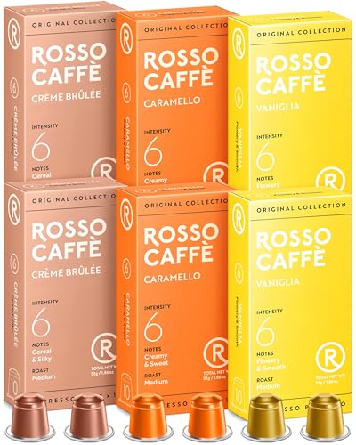 ROSSO CAFFÈ Kaffeekapseln - Kompatibel mit Nespresso Maschinen - 60 Aluminium Kaffeepads, süße Geschmackspackung, 3 Köstliche Kaffeearomen - 100% Recycelbare Kapseln von ROSSO CAFFÈ