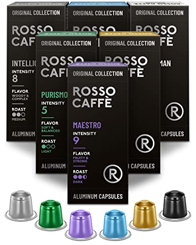 ROSSO CAFFÈ Kaffeekapseln - Kompatibel mit Nespresso Maschinen - 60 Aluminium Kaffeepads, 6 Köstliche Kaffeearomen - 100% Recycelbare Kapseln von ROSSO CAFFÈ