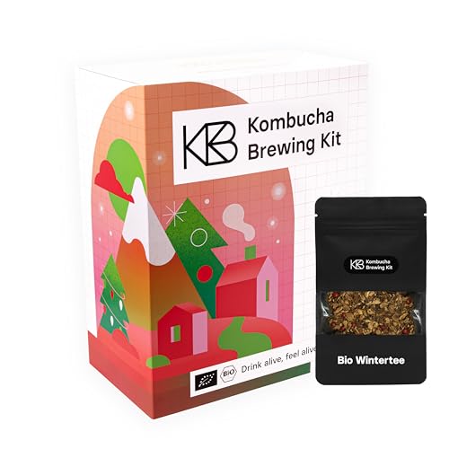 Winter-Edition Kombucha Brewing Kit Bio mit Bio Wintertee, Bio SCOBY und Kombucha Pilz, Gärgefäß, Bügelflasche, Bio-Rohrohrzucker und Glasstrohhalm, handgefertigt, vega, glutenfrei, laktosefrei von ROY Kombucha Brewery Berlin