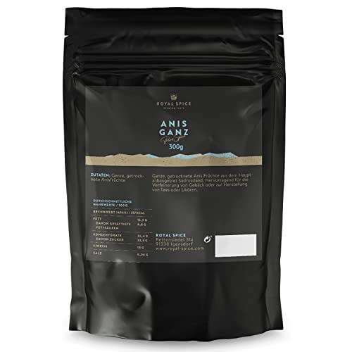 Royal Spice Anis Ganz 300g - Anis Samen Ganz für den Einsatz zum Kochen & Backen und Herstellung von Tee & Likör - 100g, 300g & 1kg - Anissamen Ganz in Spitzenqualität aus dem Hauptanbaugebiet von ROYAL SPICE