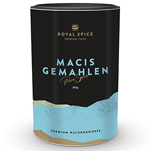 Royal Spice Macis gemahlen 80g - Aromatische und intensive Macisblüte gemahlen - Ideal zur Herstellung vieler Wurstsorten wie Gelbwurst, Weißwurst oder Aufschnitt, zum Backen oder für Fleischgerichte von ROYAL SPICE