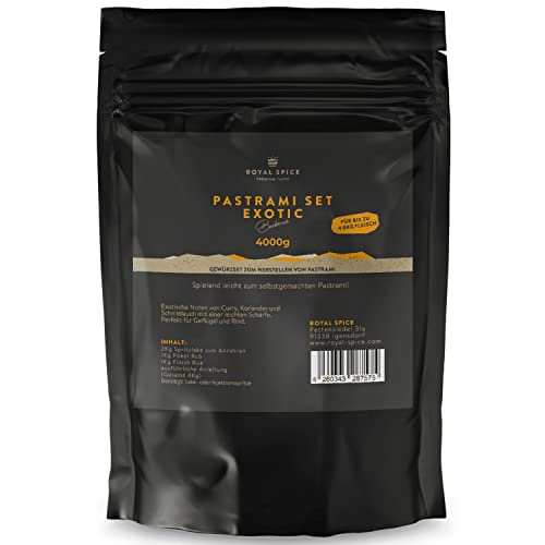 Royal Spice Pastrami Set - Exotic Curry 4kg für ~ 40kg Fleisch - 3er Pastrami Gewürzmischung Set für perfekte, selbstgemachte Pastrami Sandwiches! - Pastrami Gewürz Set aus 1 x Spritzlake, 2 x Rub von ROYAL SPICE