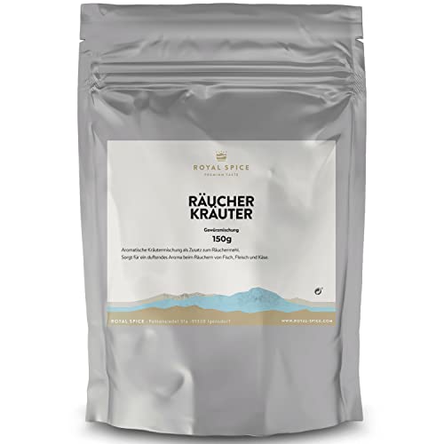 ROYAL SPICE Räucher Kräuter 150g - Aromatische Kräutermischung als Zugabe zum Räuchermehl für besten Geschmack & duftendes Aroma beim Räuchern von Fisch, Fleisch & Käse - 6 Kräuter zum Räuchern von ROYAL SPICE