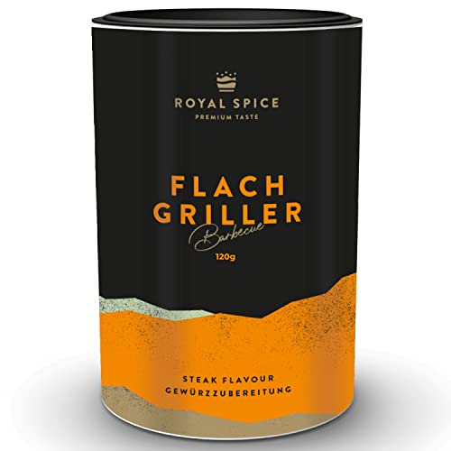 Royal Spice Flachgriller 120g - BBQ Gewürzmischung & Grillgewürz für Küche und Grill - Bester, klassischer Grillgeschmack - Ein MUSS für Nackensteak, Rückensteak, Bauchscheiben, Fleischspieße uvm! von ROYAL SPICE