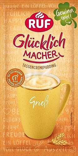 RUF Glücklichmacher Tassenpudding Grieß, Cremepudding für schnelle Desserts, Tassencremepudding, nur Wasser hinzufügen, 1 x 59g Beutel von RUF