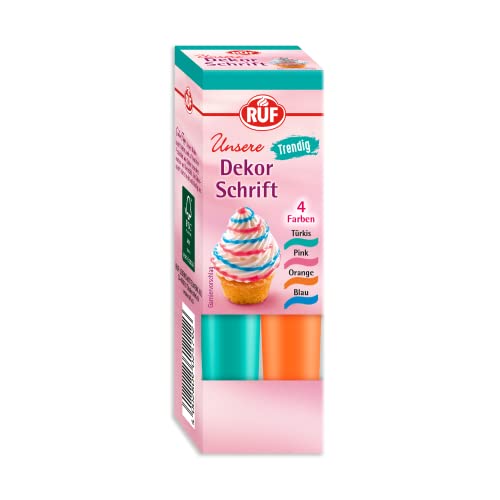 RUF Zucker-Schrift, 4 Tuben Dekor-Schrift in Türkis, Pink, Orange & Blau, zur Beschriftung von Glasur, Zuckerguss und Fondant, Tortendeko für Weihnachtsplätzchen, 4 x 25g von RUF