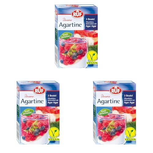 RUF Agartine Pulver, pflanzliches Geliermittel mit Agar-Agar, Ersatz für tierische Gelatine, für Desserts und Torten, glutenfrei und vegan, 3 x 10g (Packung mit 3) von RUF