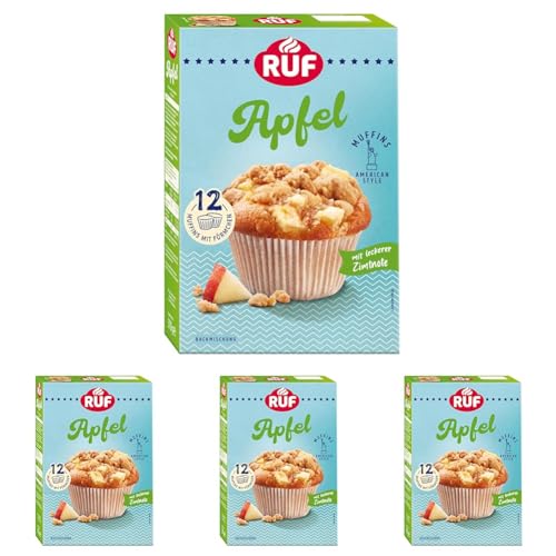 RUF Apfel-Muffins Backmischung, fruchtige American Style Muffins mit leckerer Zimtnote, einfache Zubereitung, 12 Muffin-Förmchen inklusive (Packung mit 4) von RUF