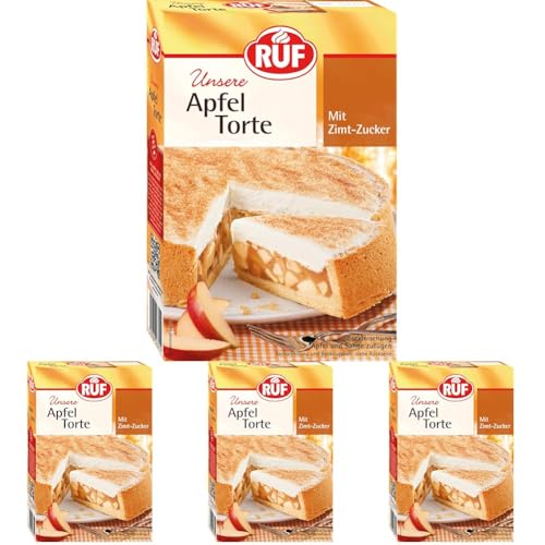 RUF Apfeltorte, Backmischung für eine Apfel-Torte mit Sahne-Creme und Zimt-Zucker, Apfel-Zimt-Torte, vegan (Packung mit 4) von RUF