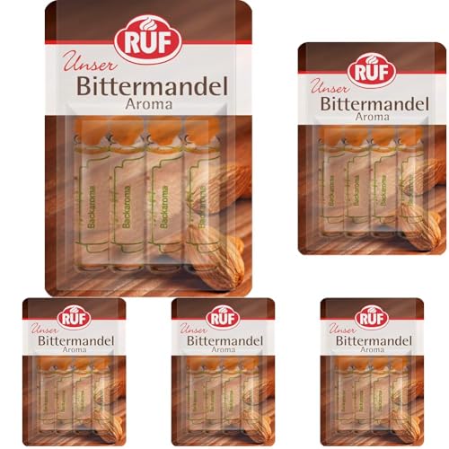 RUF Backaroma Bitter-Mandel, 4 Fläschchen Mandel-Aroma für Kuchen, Torten, Waffeln oder Plätzchen, tröpfchenweise dosierbar, glutenfrei, vegan (Packung mit 5) von RUF