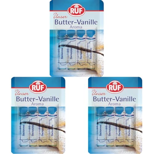 RUF Backaroma Butter-Vanille, 4 Fläschchen Vanille-Aroma für Kuchen, Torten, Waffeln oder Plätzchen, tröpfchenweise dosierbar, glutenfrei & vegan (Packung mit 3) von RUF