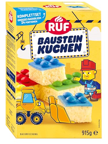 RUF Baustein Kuchen Komplettset Backmischung für einen großen Blechkuchen mit bunter Glasur und Schokolinsen, lustiger Backspaß mit Kindern, ideal für Geburstage und Motto-Parties von RUF