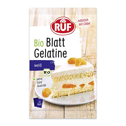 RUF Bio Blatt Gelatine klar, extra Gold Qualität, echte Bio Qualität aus EU Landwirtschaft, zur Verwendung in kalten und warmen Speisen, glutenfrei, 1x12 Blatt (Packung mit 10) von RUF