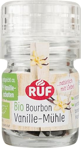 RUF Bio Bourbon Vanille-Mühle, Gewürz-Mühle aus aroma-sicherem Glas, Vegan, Verstellbares Mühlwerk, Vanilleschoten zum Backen und Kochen, 1 x 7,5 g von RUF