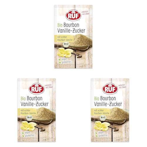 RUF Bio Bourbon Vanille Zucker, natürliches Bourbon Vanille Aroma für Schlagsahne, Quarkspeisen, Milchmix und Gebäck, glutenfrei und vegan, 3 x 8g (Packung mit 3) von RUF