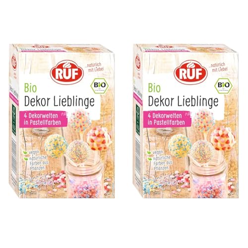 RUF Bio Dekor-Mix, 4 Sorten bunte Back-Dekoration mit Zucker-Streuseln, Zucker-Perlen & Zucker-Herzen, ohne künstliche Farbstoffe, vegan, 140g (Packung mit 2) von RUF