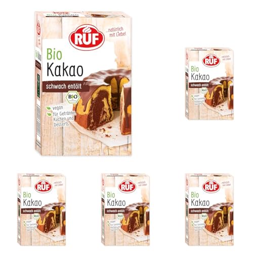 RUF Bio-Kakao schwach entölt, Kakao-Pulver in Bio-Qualität, als Back-Kakao und Trink-Schokolade, glutenfrei, vegan und zuckerfrei, 125g (Packung mit 5) von RUF