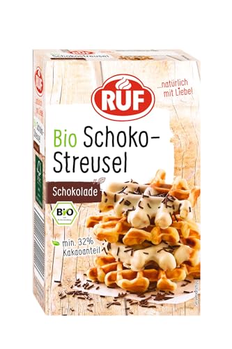 RUF Bio Schoko Streusel mit min. 32% Kakaoanteil, Schoko-Dekor in Bio-Qualität, als Topping für Waffeln, Eis, Muffins und Kuchen, glutenfrei und vegan, 1x150 g von RUF