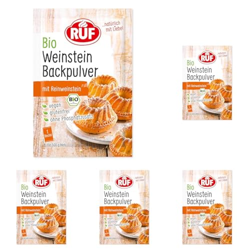 RUF Bio Weinstein-Backpulver, ohne Phosphatzusatz, Backtriebmittel zum Backen von Kuchen, Torten, Muffins und Cupcakes, glutenfrei und vegan, 3 x 20g (Packung mit 5) von RUF