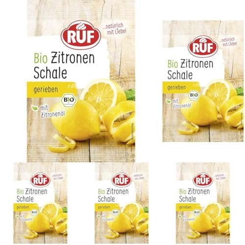 RUF Bio Zitronen Schale, gefriergetrocknete Zitronenschale mit Zitronenöl, Alternative zum frischen Zitronen-Abrieb, zum Aromatisieren von Gebäck und Desserts (Packung mit 5) von RUF