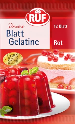 RUF Blatt Gelatine rot, Speisegelatine zum Gelieren, Verdicken, Stabilisieren, Emulgieren, glutenfrei, 1x12 Blatt von RUF