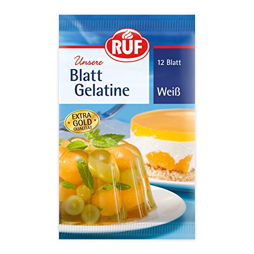 RUF Blatt Gelatine weiß, Speisegelatine zum Gelieren, Verdicken, Stabilisieren und Emulgieren, einfache Anwendung, glutenfrei, 1x12 Blatt von RUF