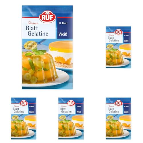 RUF Blattgelatine klar extra gold Qualität, 12 Blatt weiße Gelatine (Packung mit 5) von RUF