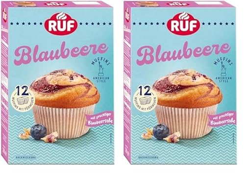 RUF Blaubeer-Muffins Backmischung, fruchtige American Style Muffins mit Blaubeerfüllung, einfache Zubereitung, 12 Muffin-Förmchen inklusive (Packung mit 2) von RUF