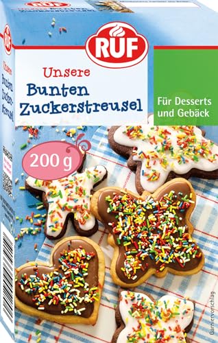 RUF Bunte Zuckerstreusel in Regenbogenfarben, bunte Streusel zum Verzieren von Kuchen, Torten, Keksen und Eis, glutenfrei, 200 g von RUF