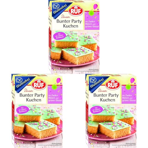 RUF Bunter Partykuchen glutenfrei, Blechkuchen mit Zuckerstreusel und Zuckerglasur, perfekt für den Kindergeburtstag, Zöliakie geeignet, 815g (Packung mit 3) von RUF